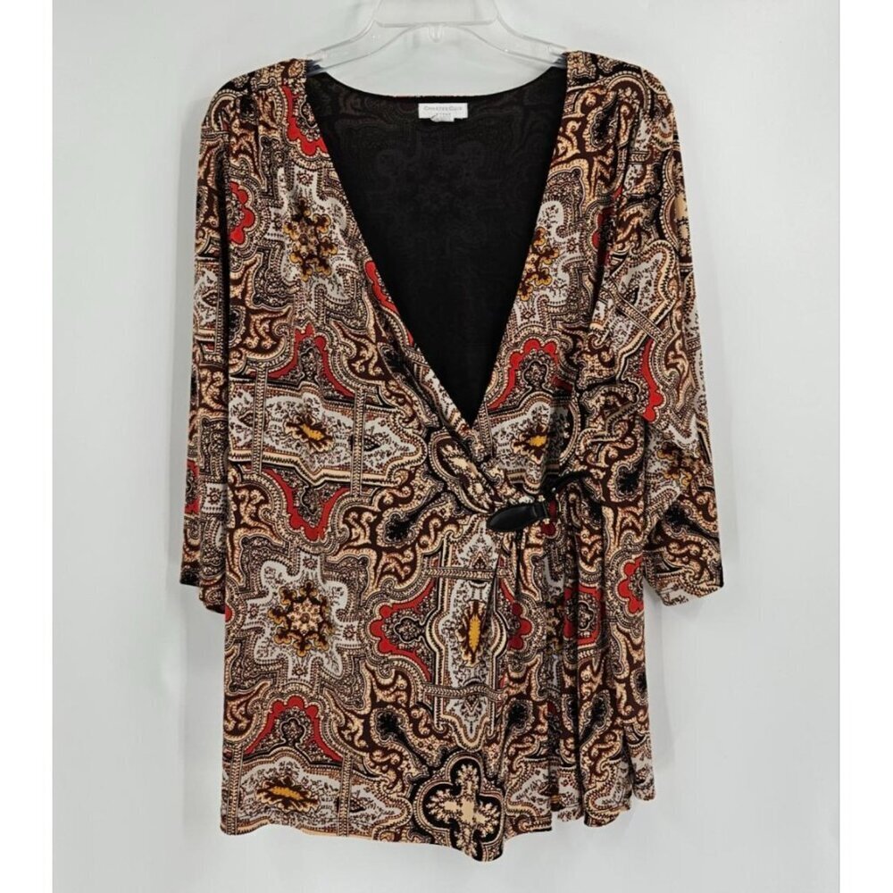 Charter Club Mock Wrap Top 1X Brown/Red Paisley V-Neck 3/4 Sleeve Belt Accent